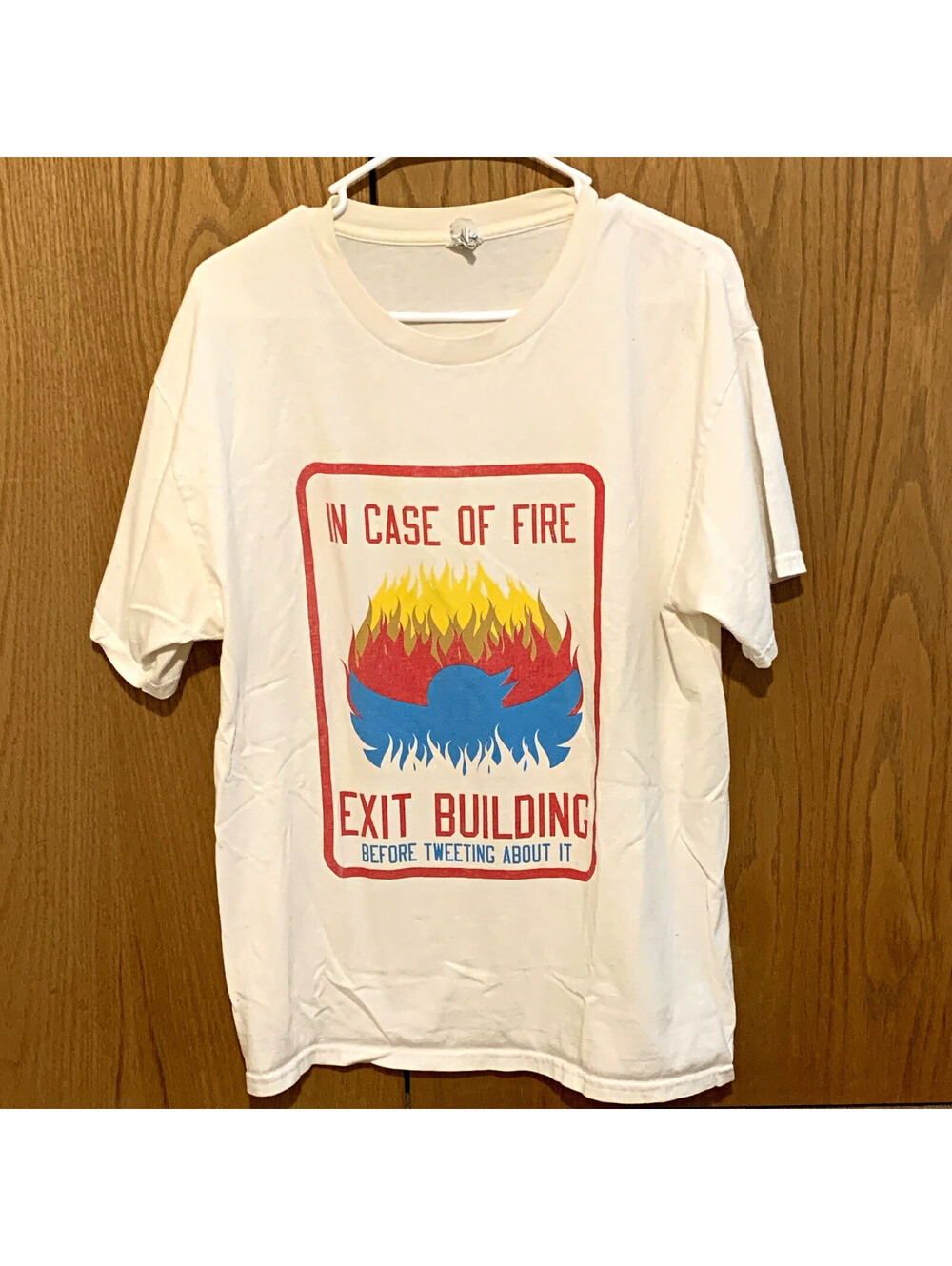 ALSTYLE VTG Men's L White Cotton Crew Neck Graphic Tee In Case of Fire Exit